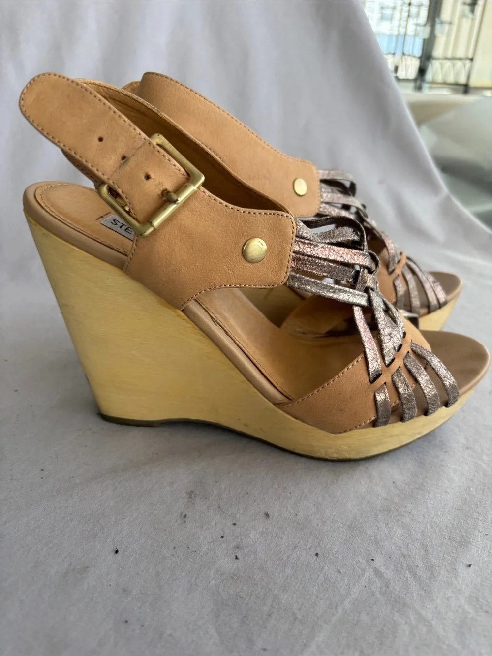 Steve Madden Tan and Metallic Woven Wedge Sandals